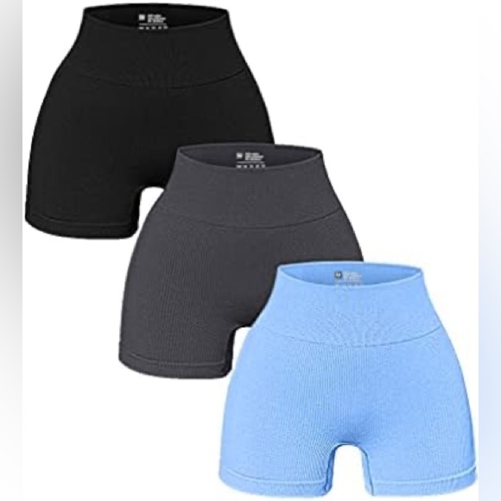 OQQ Women’s 3 Pieces Yoga Ribbed Seamless Workout High Waist Athletic Short Sz M